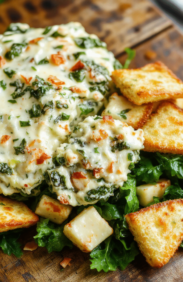 Creamy spinach and artichoke dip served in a white bowl with melted cheese on top, garnished with chopped herbs, set on a rustic wooden table with a soft-focus background.