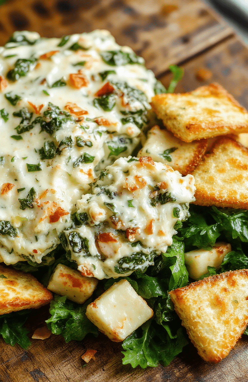 Creamy spinach and artichoke dip served in a white bowl with melted cheese on top, garnished with chopped herbs, set on a rustic wooden table with a soft-focus background.