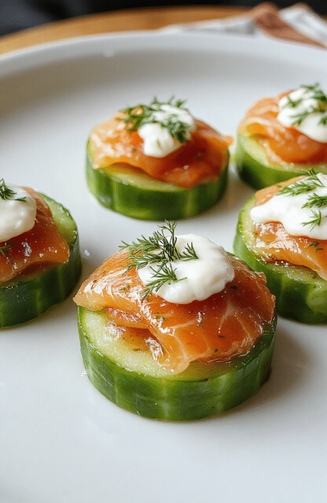 Colorful smoked salmon sitting atop crisp cucumber slices, garnished with fresh dill and a dollop of cream cheese, arranged on a sleek white plate with a light wooden background, highlighting their vibrant orange, green, and cream tones, styled minimally for an elegant appetizer presentation.