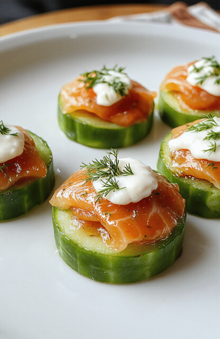 Colorful smoked salmon sitting atop crisp cucumber slices, garnished with fresh dill and a dollop of cream cheese, arranged on a sleek white plate with a light wooden background, highlighting their vibrant orange, green, and cream tones, styled minimally for an elegant appetizer presentation.