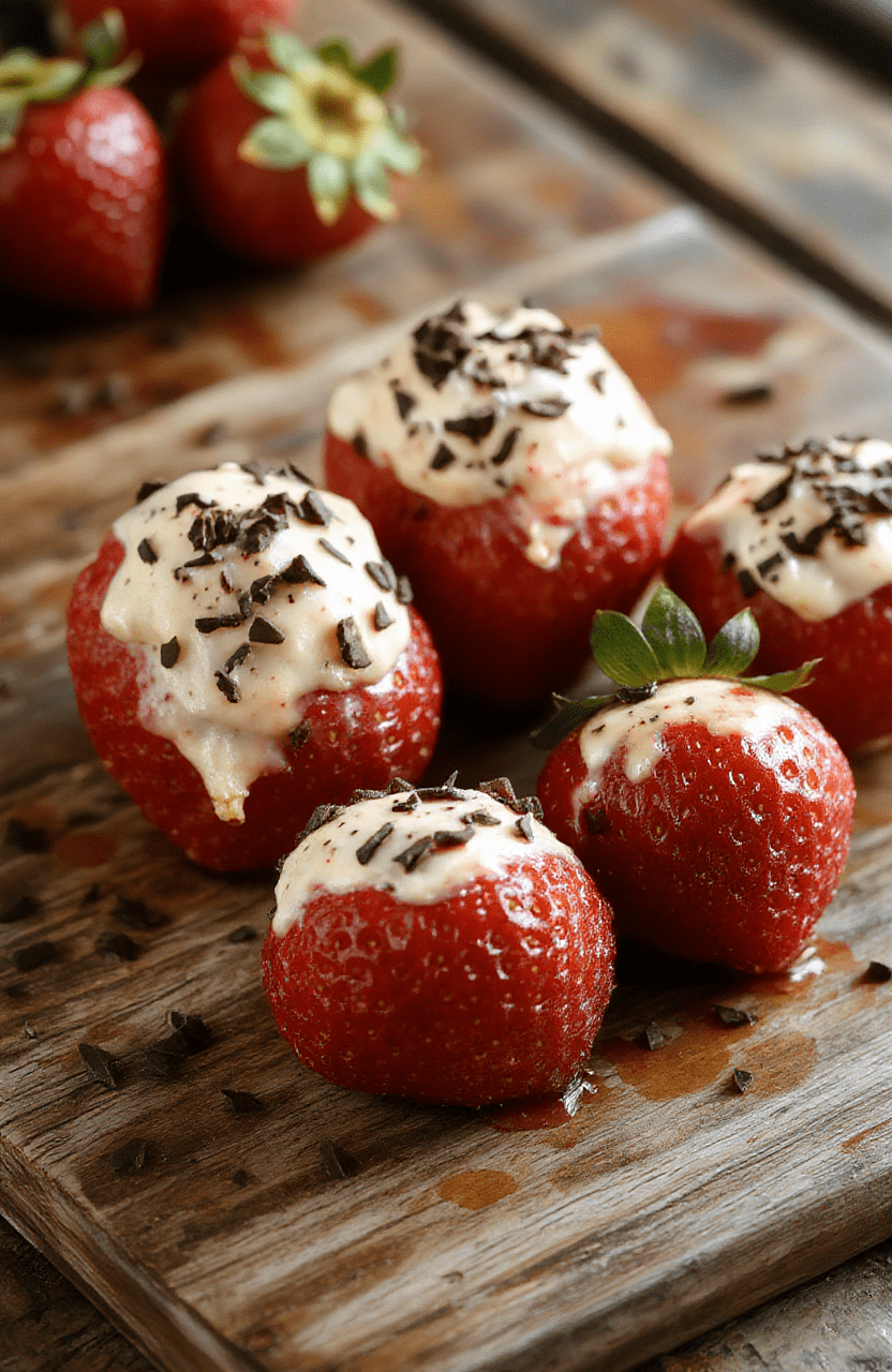 Bright red strawberries halved and filled with creamy deviled filling, topped with sprinkles and herbs on a stylish white platter, vibrant colors, fresh and inviting presentation, textured berries and smooth filling create an enticing contrast.