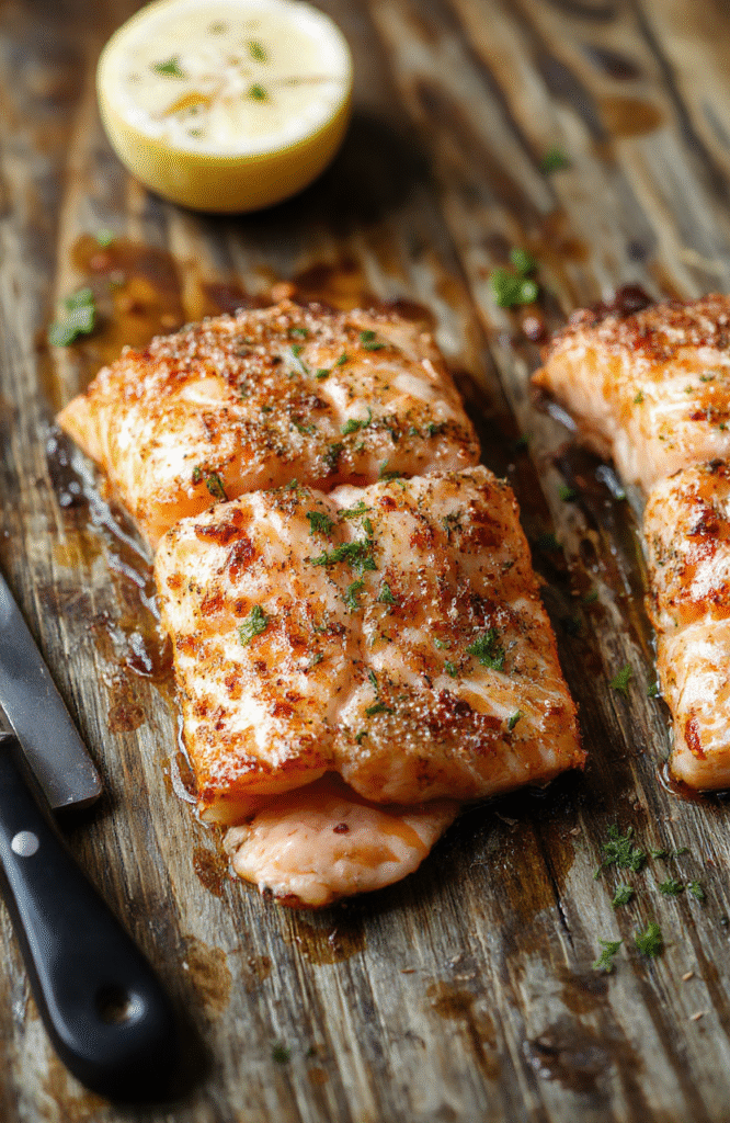 Golden-brown, flaky salmon fillet in an air fryer on a rustic wooden surface, garnished with lemon slices and fresh herbs, with crispy edges and tender inside, styled simply for a cozy, inviting look.