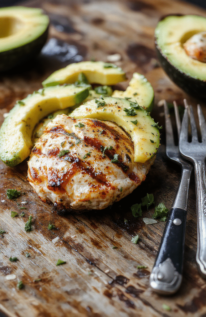 Colorful grilled chicken topped with creamy avocado slices, served on a rustic wooden platter with fresh lime and herbs, vibrant and appetizing.