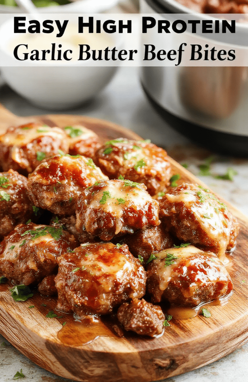 A vibrant plate of golden-brown beef bites glazed in garlic butter sauce, garnished with fresh herbs, served on a rustic wooden platter with side vegetables, styled simply with a natural, inviting look.