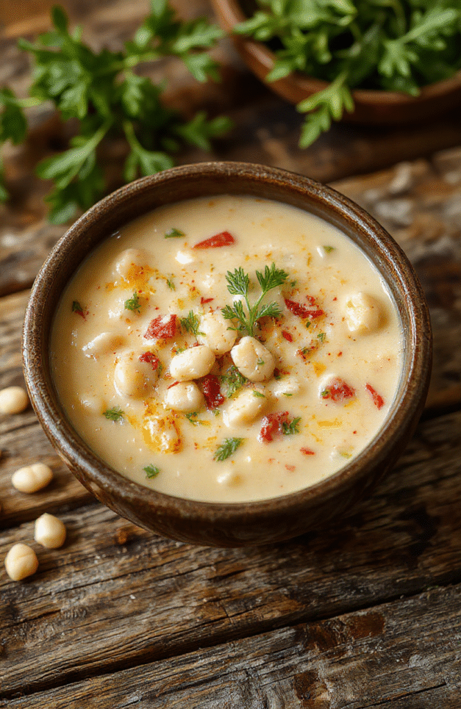 A vibrant bowl of white bean soup with chopped herbs and a drizzle of olive oil, surrounded by rustic bread and fresh vegetables, styled casually on a wooden table.