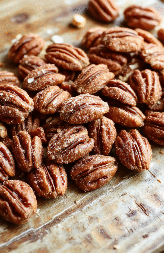 Golden brown pecans coated in a cinnamon sugar glaze, artistically arranged on a rustic wooden plate with a sprinkle of cinnamon on top, styled with a rustic cloth in the background, rich caramel hues contrast with the snowy white cinnamon dusting, textured surface of pecans highlights their crunchiness, and the glossy glaze adds a tempting shine.