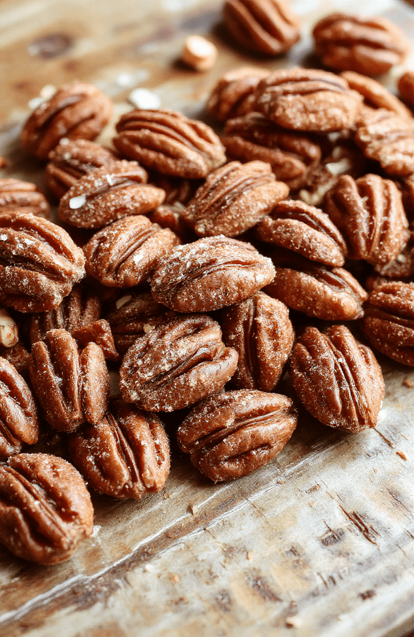 Golden brown pecans coated in a cinnamon sugar glaze, artistically arranged on a rustic wooden plate with a sprinkle of cinnamon on top, styled with a rustic cloth in the background, rich caramel hues contrast with the snowy white cinnamon dusting, textured surface of pecans highlights their crunchiness, and the glossy glaze adds a tempting shine.