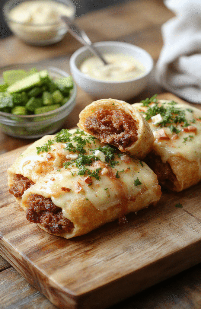 Colorful Philly Cheesesteak Rolls arranged neatly on a white plate, showing golden-brown low-carb tortillas filled with tender sliced steak, melted cheese, and sautéed peppers. The dish is styled simply with a fresh green garnish and natural light highlighting the crispy edges and juicy filling.