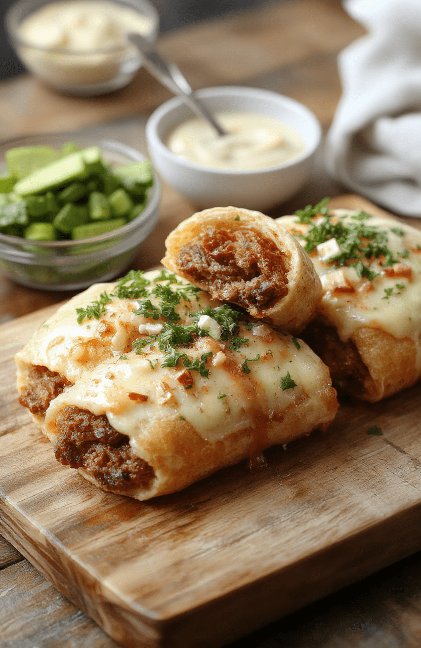 Colorful Philly Cheesesteak Rolls arranged neatly on a white plate, showing golden-brown low-carb tortillas filled with tender sliced steak, melted cheese, and sautéed peppers. The dish is styled simply with a fresh green garnish and natural light highlighting the crispy edges and juicy filling.