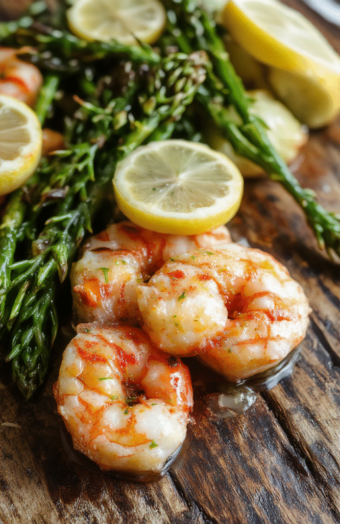 Colorful plate of lemon garlic shrimp and asparagus arranged attractively, topped with fresh herbs, with bright lemon slices, showcasing juicy shrimp and tender asparagus, styled simply on a white ceramic plate with a rustic wooden background.