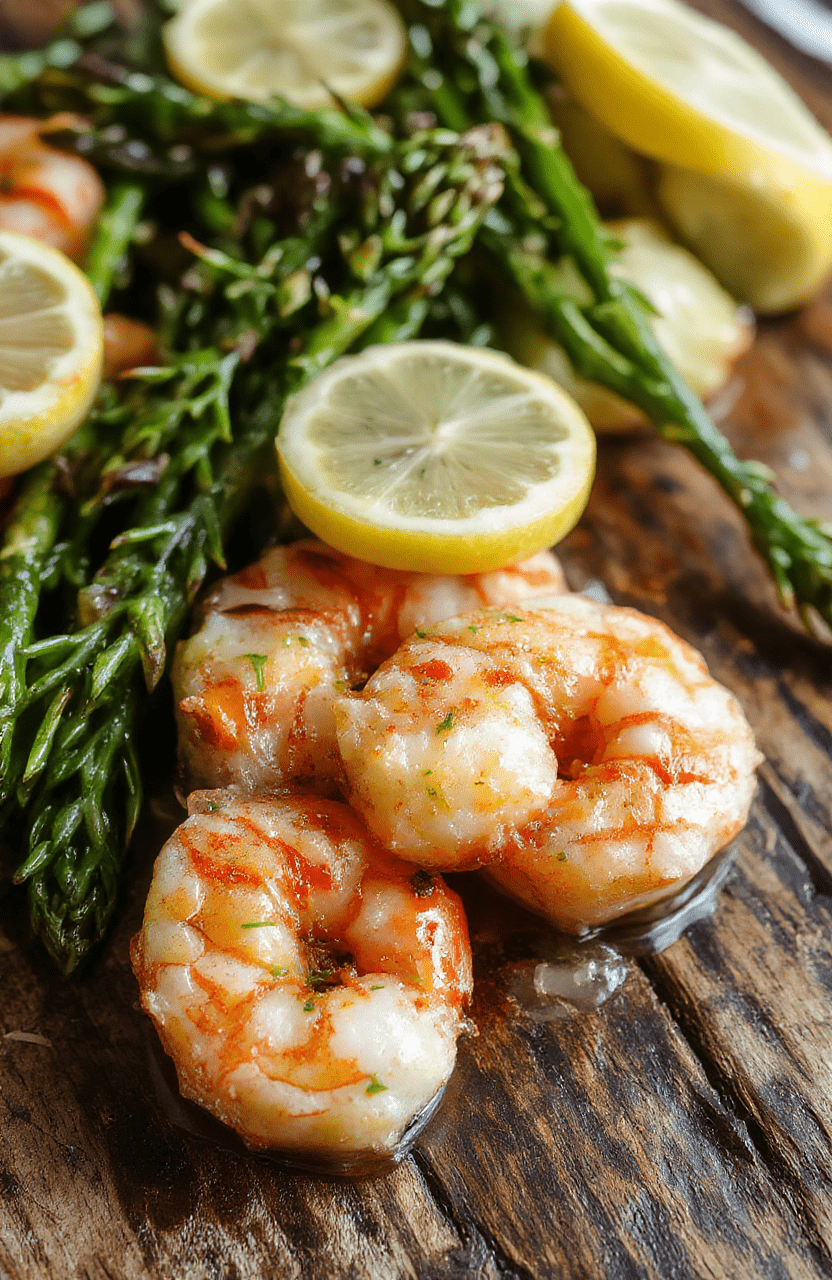 Colorful plate of lemon garlic shrimp and asparagus arranged attractively, topped with fresh herbs, with bright lemon slices, showcasing juicy shrimp and tender asparagus, styled simply on a white ceramic plate with a rustic wooden background.