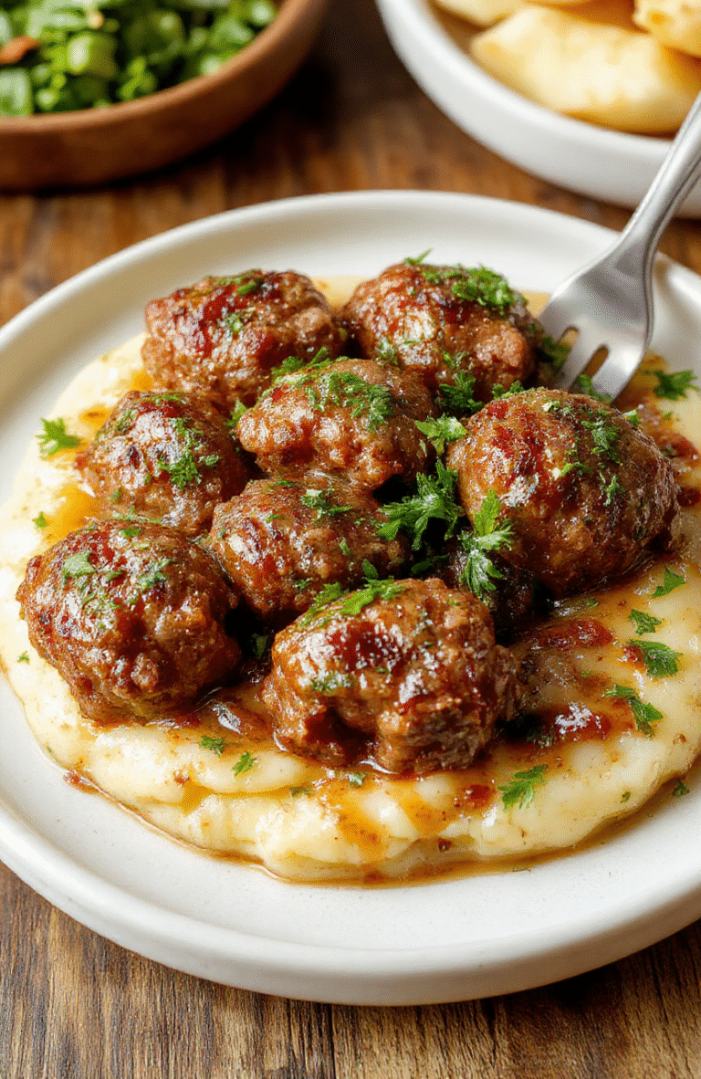 Colorful image of a plate filled with golden-brown Salisbury steak meatballs topped with rich gravy, served alongside creamy garlic herb mashed potatoes garnished with fresh herbs. The dish is beautifully plated on a rustic white ceramic plate, with a spoonful of sauce drizzled over the meatballs and a fluffy mound of mashed potatoes with specks of green herbs visible, styled for a cozy family dinner setting.