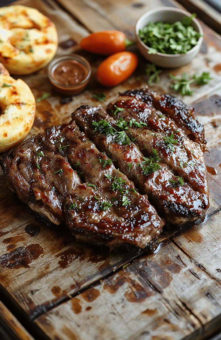 A vibrant plate of sliced tender beef pepper steak with colorful bell peppers and onions, garnished with fresh herbs on a stylish platter, set against a rustic wooden background, showcasing glossy textures and ripe ingredients.