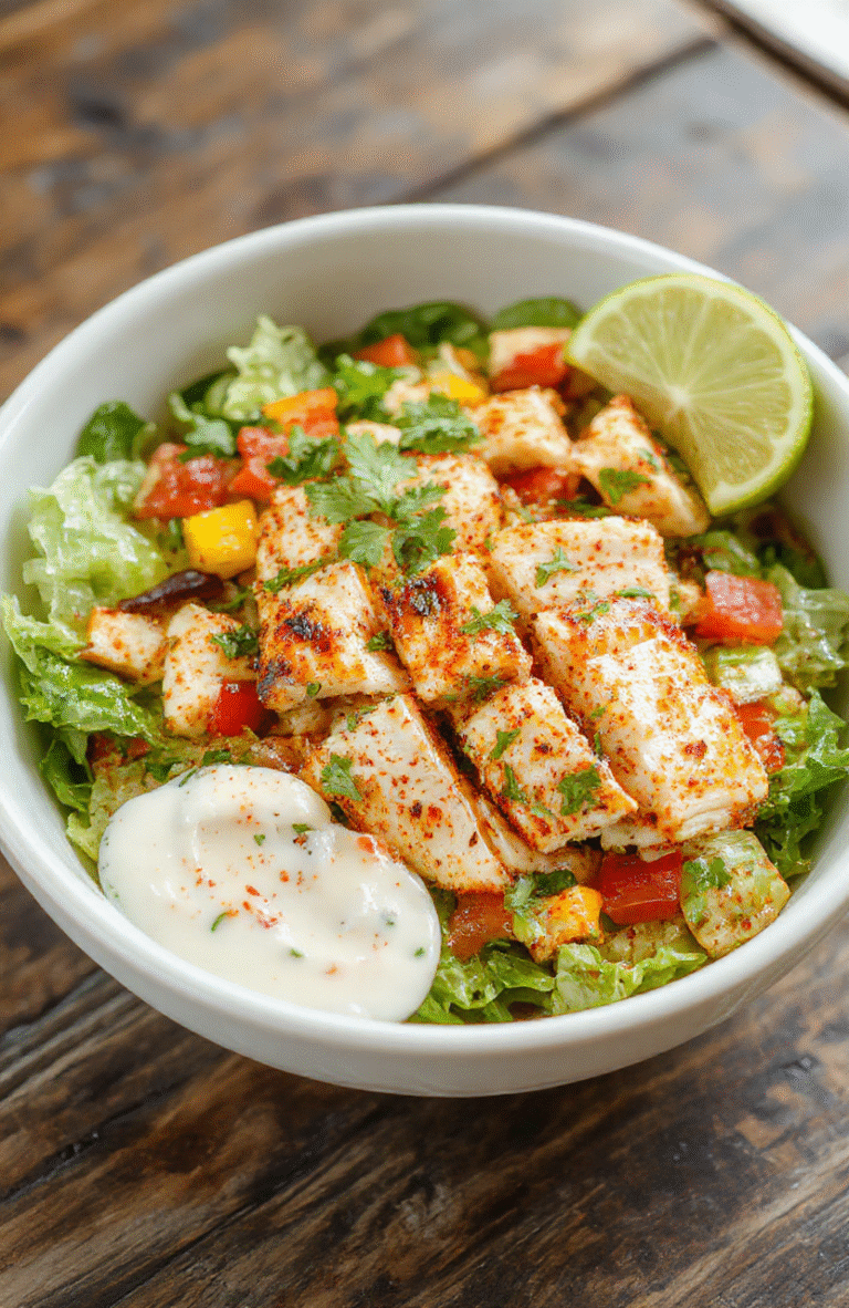 A vibrant Southwest chicken salad featuring colorful chopped vegetables, grilled chicken slices sprinkled with spices, served in a white bowl with a creamy dressing drizzled on top, garnished with fresh cilantro and lime wedges, showcasing textures from crisp lettuce and tender chicken, styled on a rustic wooden table.