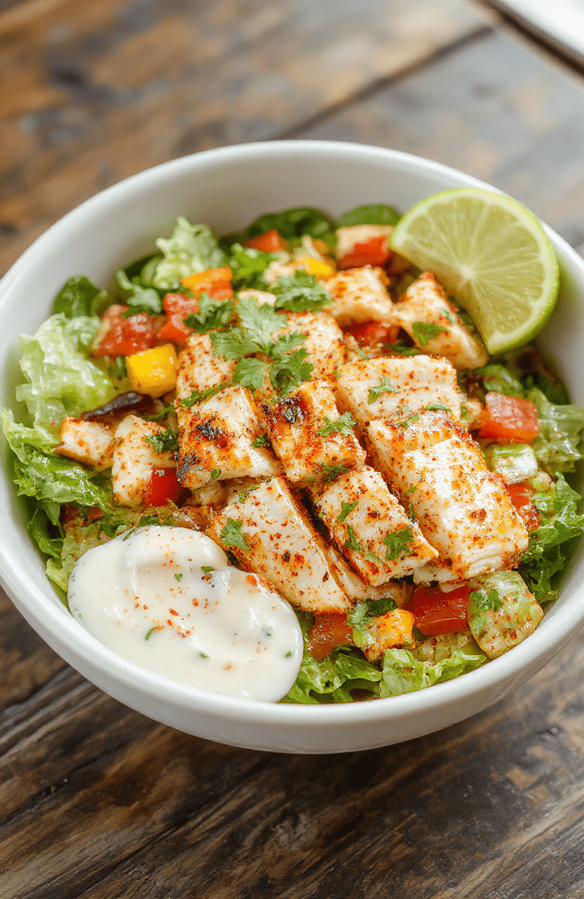 A vibrant Southwest chicken salad featuring colorful chopped vegetables, grilled chicken slices sprinkled with spices, served in a white bowl with a creamy dressing drizzled on top, garnished with fresh cilantro and lime wedges, showcasing textures from crisp lettuce and tender chicken, styled on a rustic wooden table.