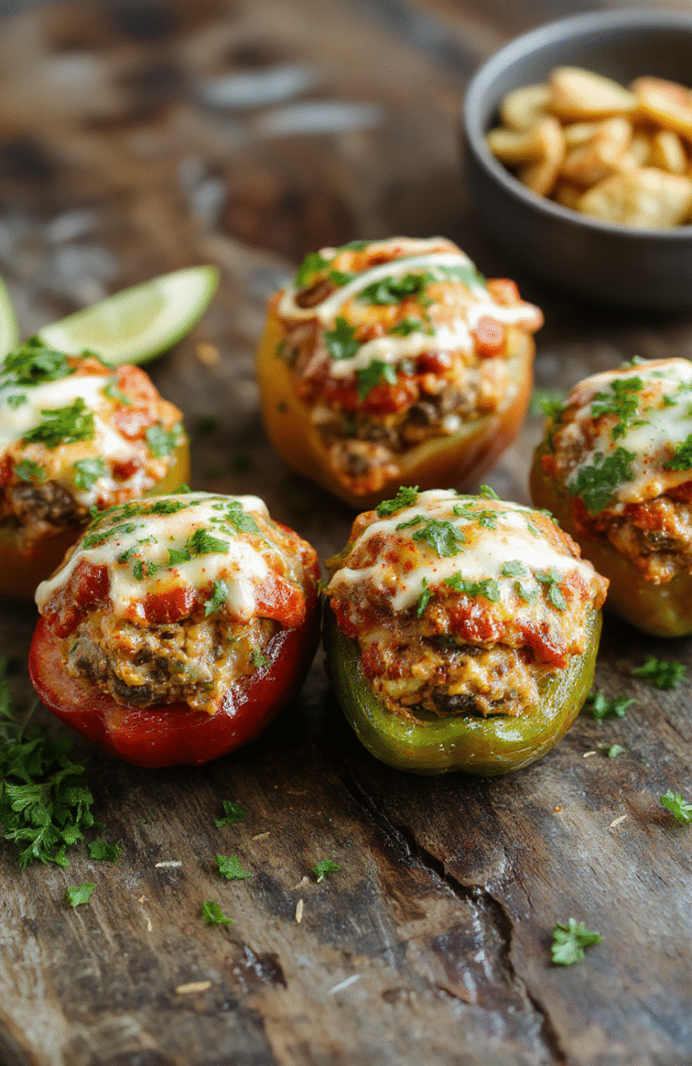 Colorful stuffed peppers filled with seasoned ground beef, cheese, and fresh vegetables, neatly arranged on a rustic white plate, with vibrant red and green peppers contrasting against the cheesy stuffing, garnished with chopped herbs, styled simply for an inviting look.