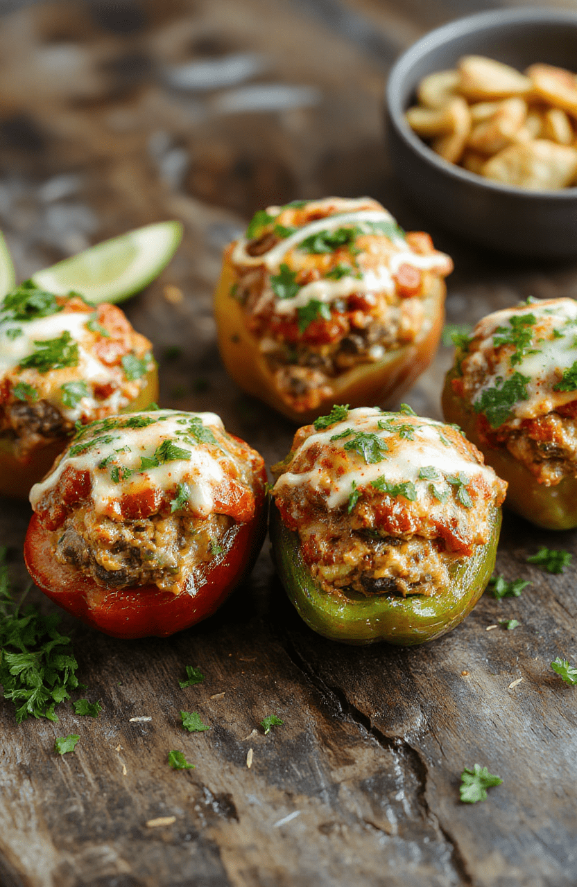 Colorful stuffed peppers filled with seasoned ground beef, cheese, and fresh vegetables, neatly arranged on a rustic white plate, with vibrant red and green peppers contrasting against the cheesy stuffing, garnished with chopped herbs, styled simply for an inviting look.
