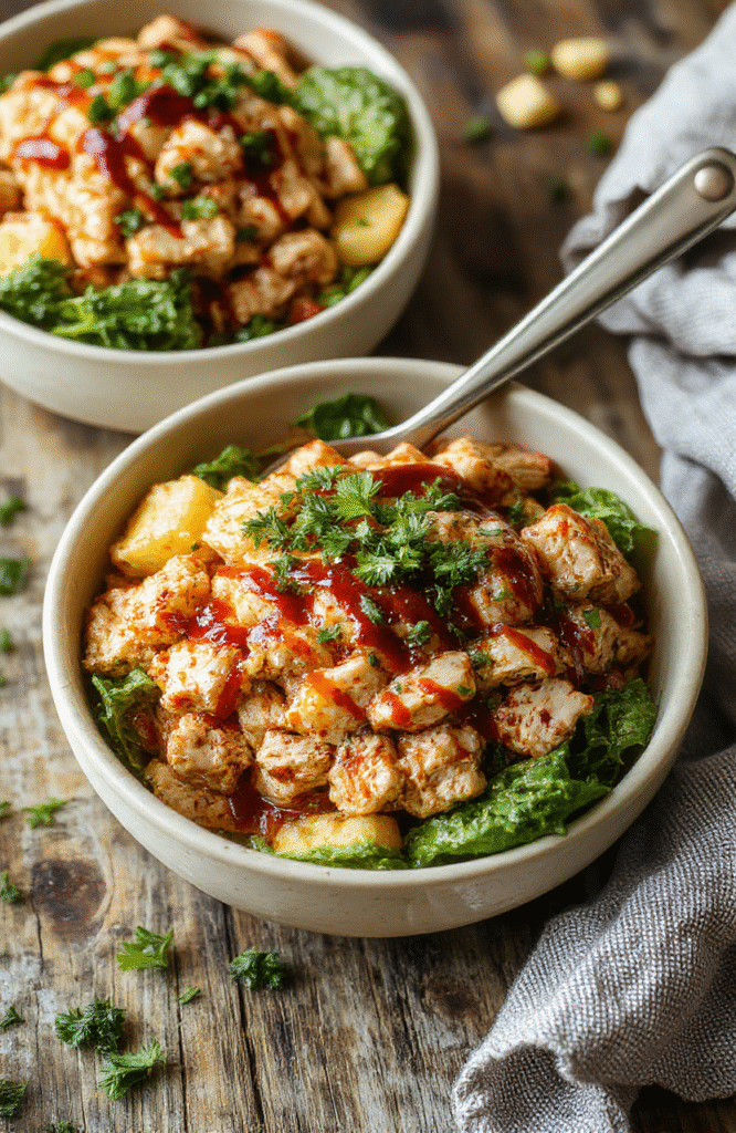 Colorful ground turkey bowls glazed with shiny teriyaki sauce, served with steamed rice, chopped green onions, and sesame seeds. The dish is plated in a white bowl, garnished with fresh herbs, with vibrant sauces and textures visible. The background features a rustic wooden table with natural light highlighting the glossy sauce and tender meat.