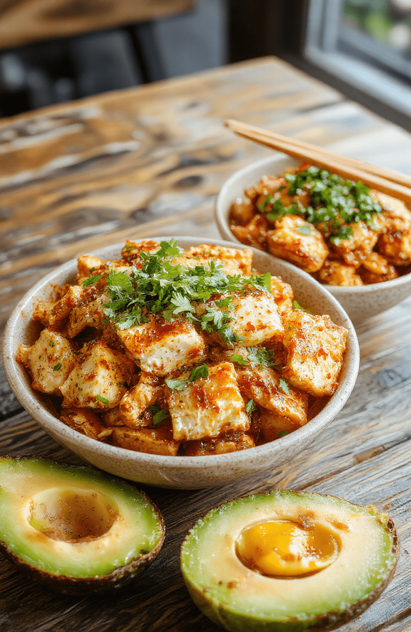 Colorful Bang Bang Chicken Bowls arranged beautifully on a white plate, featuring crispy chicken pieces coated in spicy sauce, fresh greens, shredded carrots, and a drizzle of creamy dressing, set against a neutral background with vibrant ingredients highlighting textures and flavors.
