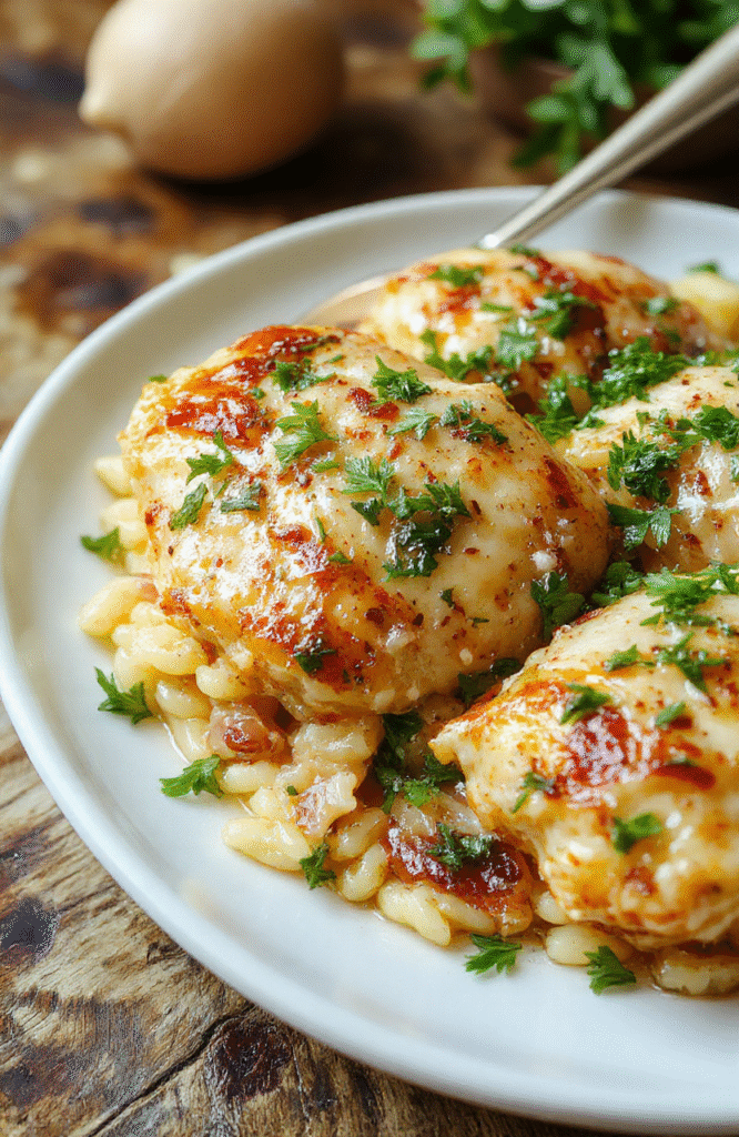A cheesy French Onion Chicken Orzo Casserole served in a rustic white baking dish. The top is golden brown with bubbling cheese, garnished with fresh parsley. The creamy broth and tender orzo are visible around the edges, highlighting the hearty chicken chunks and caramelized onion slices. The dish is styled casually on a wooden table with a spoon nearby, inviting a cozy, family-friendly dinner scene.