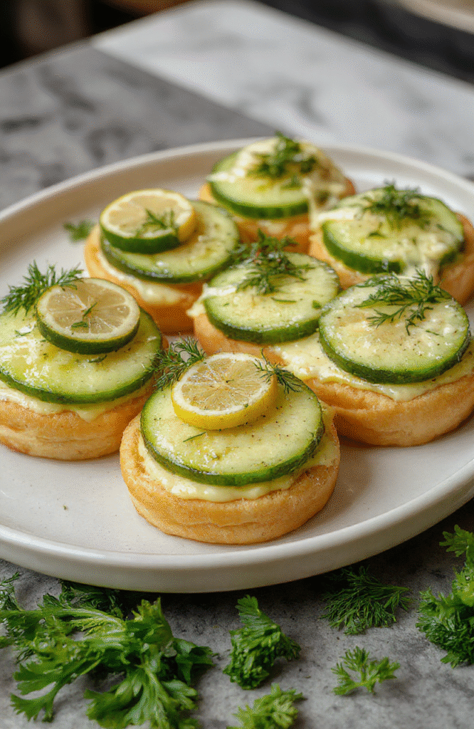 Colorful cucumber sandwiches stacked neatly on a white plate, garnished with dill and lemon slices, showcasing crisp cucumber slices, soft bread, and vibrant herbs, styled for a fresh and inviting look.