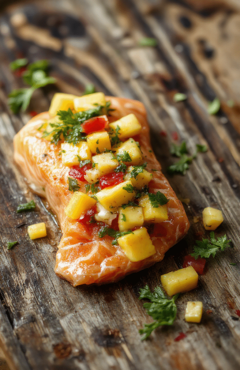 A vibrant plate of salmon topped with bright yellow and orange mango salsa, garnished with fresh cilantro, served on a white ceramic plate with a colorful background, highlighting the juicy textures and mixed ingredients.