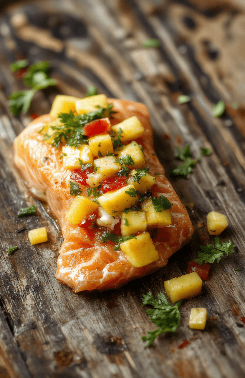 A vibrant plate of salmon topped with bright yellow and orange mango salsa, garnished with fresh cilantro, served on a white ceramic plate with a colorful background, highlighting the juicy textures and mixed ingredients.
