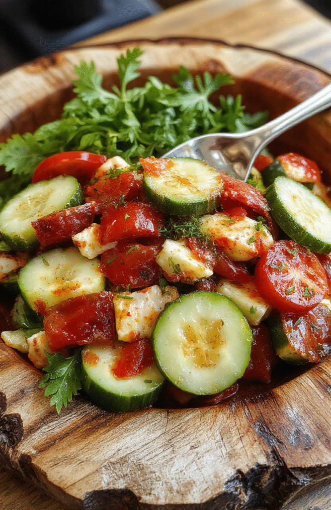 A vibrant Mediterranean salad featuring chopped cucumbers, ripe tomatoes, thinly sliced onions, and crumbled feta cheese on a rustic wooden platter, garnished with fresh herbs, with a colorful array of vegetables and olive oil drizzled on top, styled casually with a bright, summery feel, captured in natural daylight with a shallow depth of field.