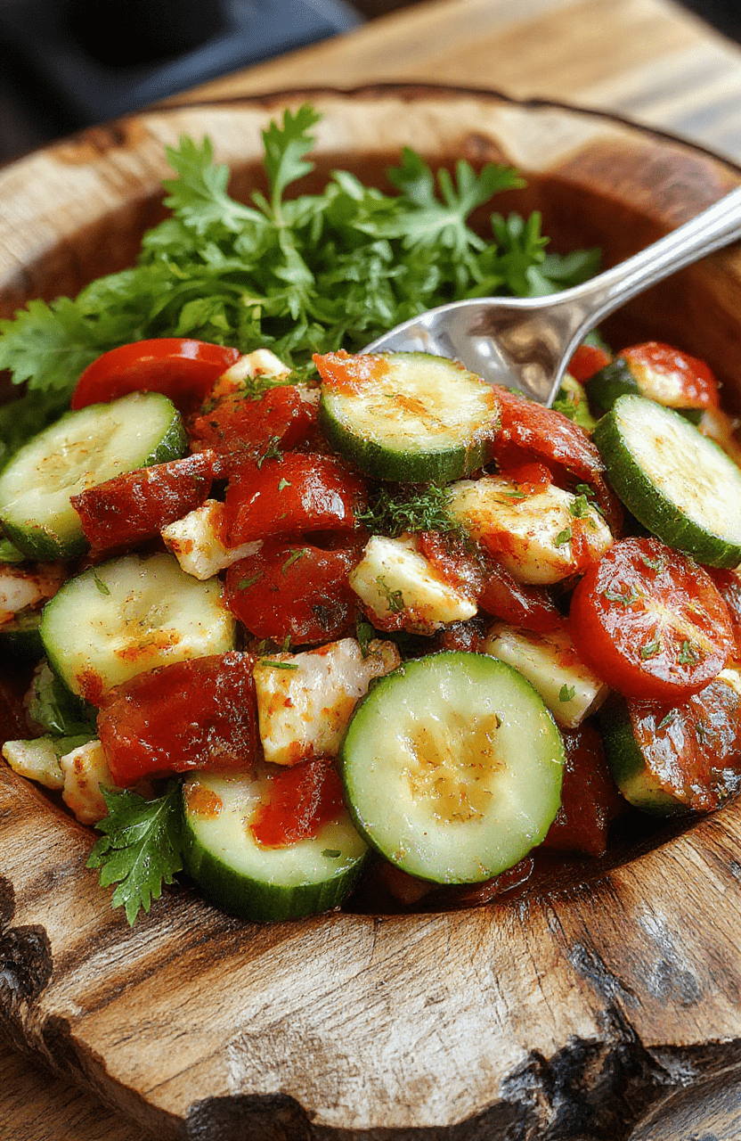 A vibrant Mediterranean salad featuring chopped cucumbers, ripe tomatoes, thinly sliced onions, and crumbled feta cheese on a rustic wooden platter, garnished with fresh herbs, with a colorful array of vegetables and olive oil drizzled on top, styled casually with a bright, summery feel, captured in natural daylight with a shallow depth of field.