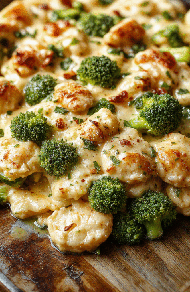 A fresh, colorful plate of healthier broccoli chicken casserole with vibrant green broccoli florets, tender chicken pieces, topped with a light cheesy sauce, and sprinkled with herbs, all arranged neatly on a rustic wooden table.