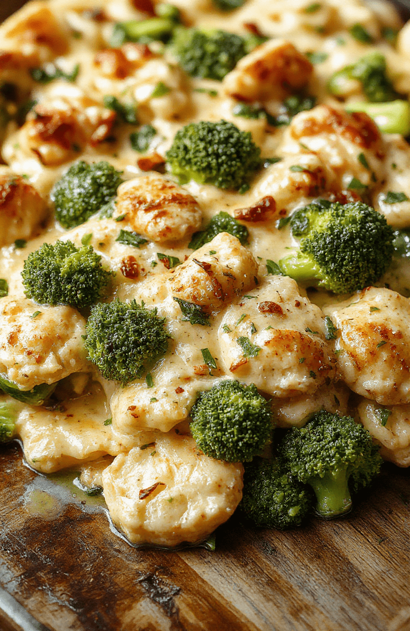 A fresh, colorful plate of healthier broccoli chicken casserole with vibrant green broccoli florets, tender chicken pieces, topped with a light cheesy sauce, and sprinkled with herbs, all arranged neatly on a rustic wooden table.