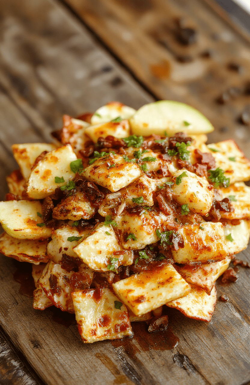 Colorful apple nachos arranged on a white plate, topped with melted peanut butter, sprinkled with granola, raisins, and a drizzle of honey, attractively styled with fresh apple slices in vibrant red and green hues, textured toppings adding visual appeal, styled simply to highlight the nutritious ingredients.