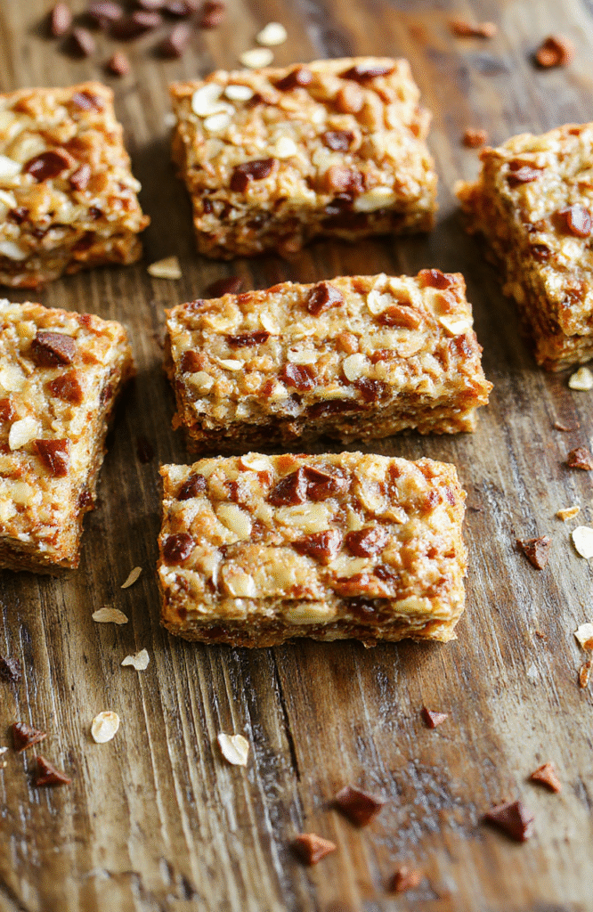 Colorful banana oatmeal bars arranged on a rustic wooden plate, showcasing a golden-brown crust with visible banana slices and oats, garnished with a sprig of fresh mint. The bars look moist and chewy with a textured surface, inviting a wholesome and homemade feel, styled in natural lighting