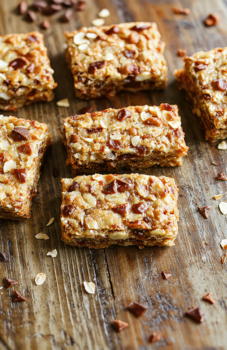 Colorful banana oatmeal bars arranged on a rustic wooden plate, showcasing a golden-brown crust with visible banana slices and oats, garnished with a sprig of fresh mint. The bars look moist and chewy with a textured surface, inviting a wholesome and homemade feel, styled in natural lighting