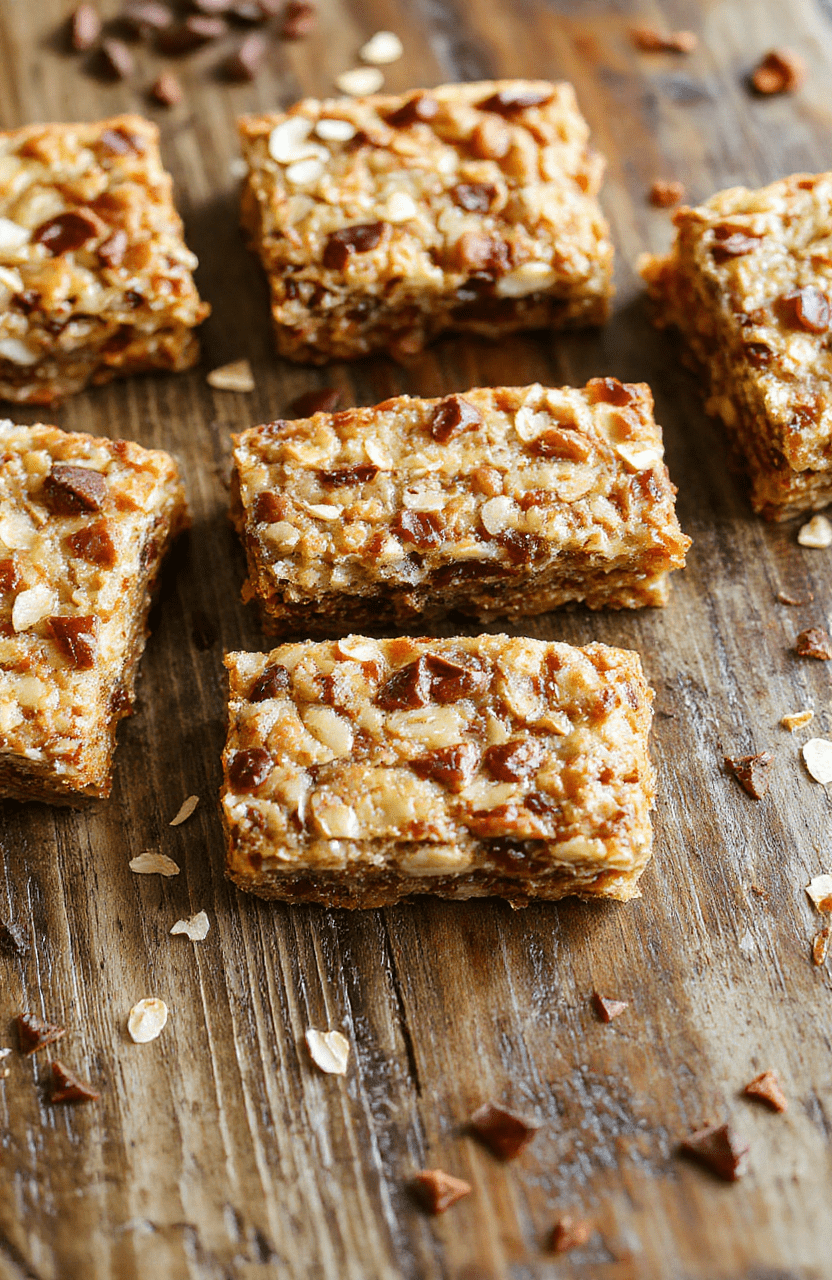 Colorful banana oatmeal bars arranged on a rustic wooden plate, showcasing a golden-brown crust with visible banana slices and oats, garnished with a sprig of fresh mint. The bars look moist and chewy with a textured surface, inviting a wholesome and homemade feel, styled in natural lighting