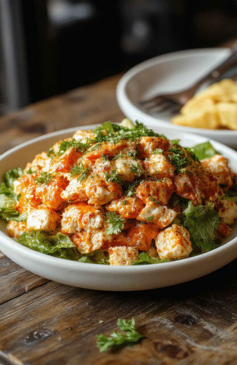 A vibrant bowl of buffalo chicken salad featuring shredded grilled chicken coated in red hot sauce, mixed with crisp celery and romaine lettuce, topped with creamy blue cheese dressing and scattered crumbles, all garnished with fresh parsley, presented on a white plate with a colorful background highlighting the fresh ingredients.