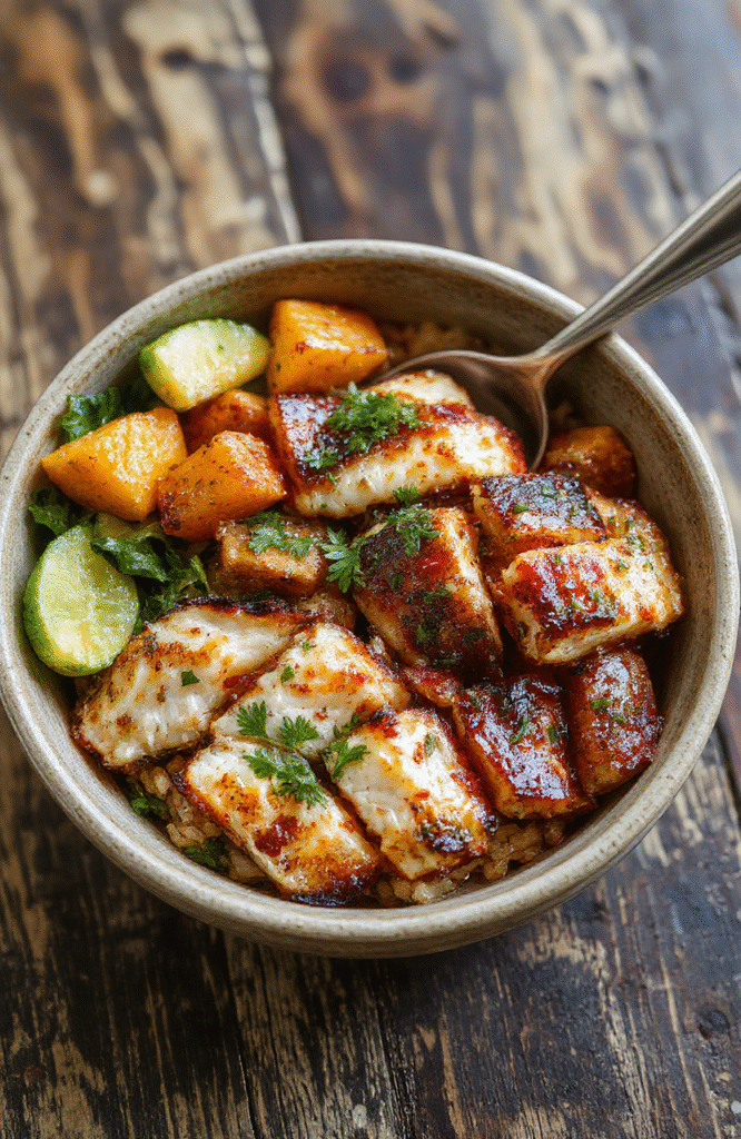 Colorful and inviting rice bowl featuring tender diced chicken, roasted sweet potatoes, fresh greens, and vibrant vegetables arranged neatly on a rustic plate, with a drizzle of sauce and a sprinkle of herbs, capturing textures from crispy sweet potatoes to juicy chicken, styled simply with natural lighting.
