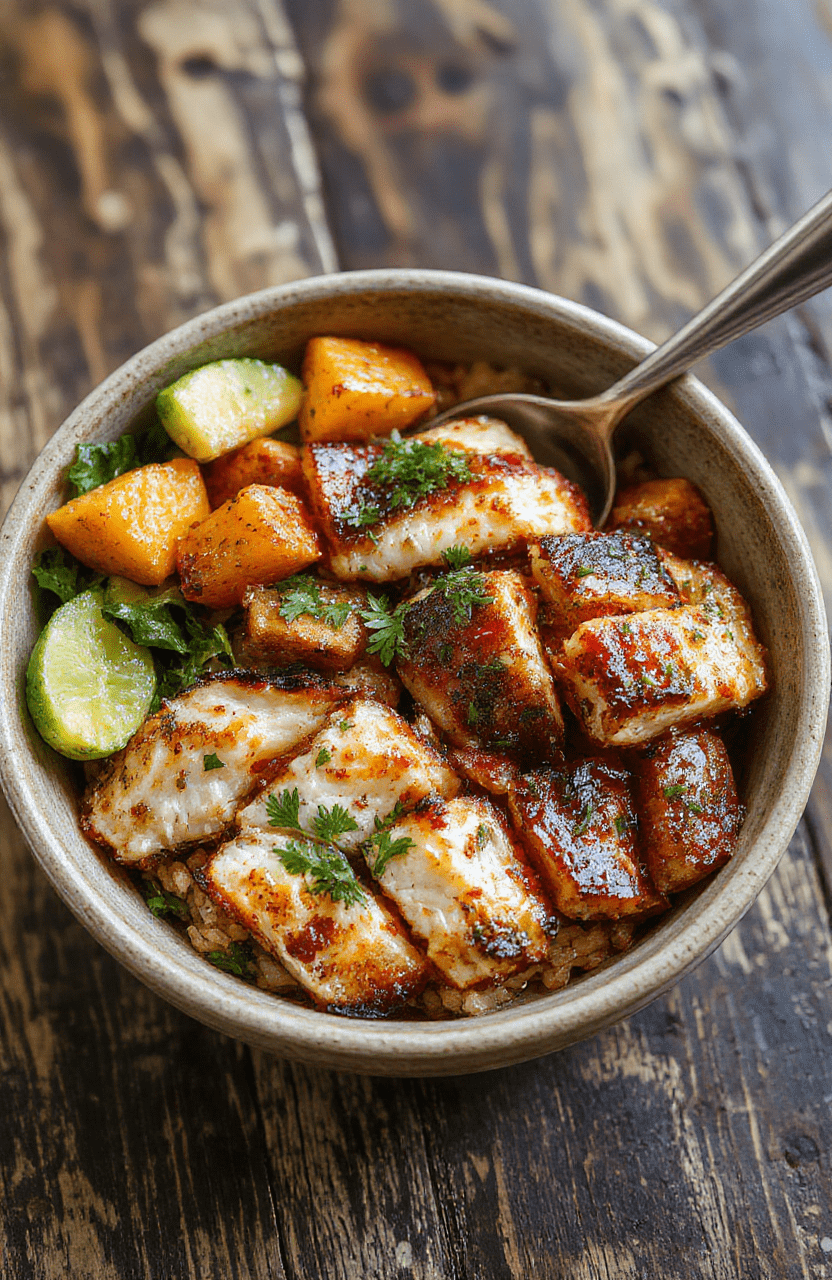Colorful and inviting rice bowl featuring tender diced chicken, roasted sweet potatoes, fresh greens, and vibrant vegetables arranged neatly on a rustic plate, with a drizzle of sauce and a sprinkle of herbs, capturing textures from crispy sweet potatoes to juicy chicken, styled simply with natural lighting.
