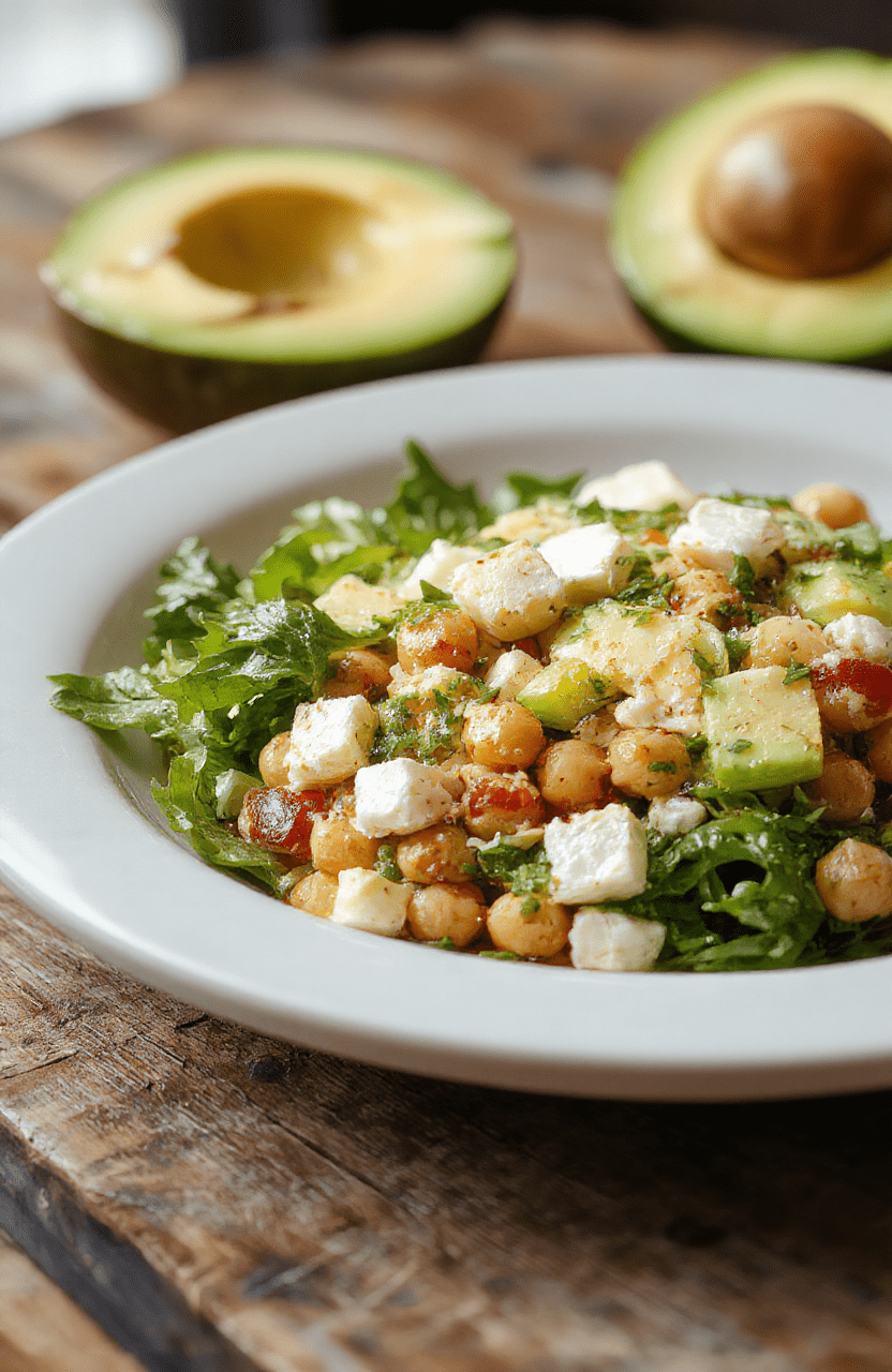 A vibrant bowl of chickpea feta avocado salad featuring creamy avocado chunks, crumbled feta cheese, and hearty chickpeas, garnished with fresh herbs, colorful cherry tomatoes, and a drizzle of olive oil, all arranged on a rustic wooden table with a fresh lemon wedge nearby.