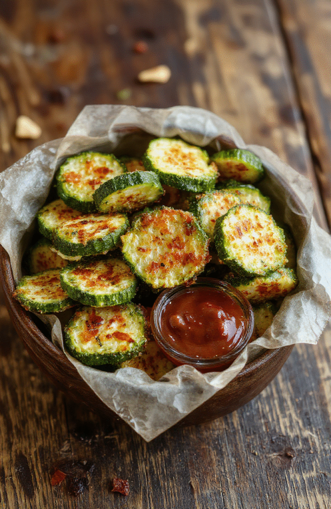 A vibrant plate of crispy golden zucchini fries seasoned with herbs, served with a tangy dipping sauce on a white ceramic plate, garnished with fresh parsley, all set on a rustic wooden surface with natural daylight highlighting their crunchy texture.