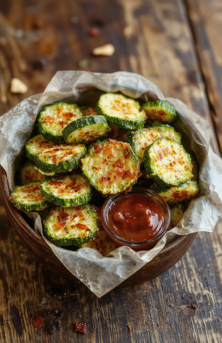 A vibrant plate of crispy golden zucchini fries seasoned with herbs, served with a tangy dipping sauce on a white ceramic plate, garnished with fresh parsley, all set on a rustic wooden surface with natural daylight highlighting their crunchy texture.