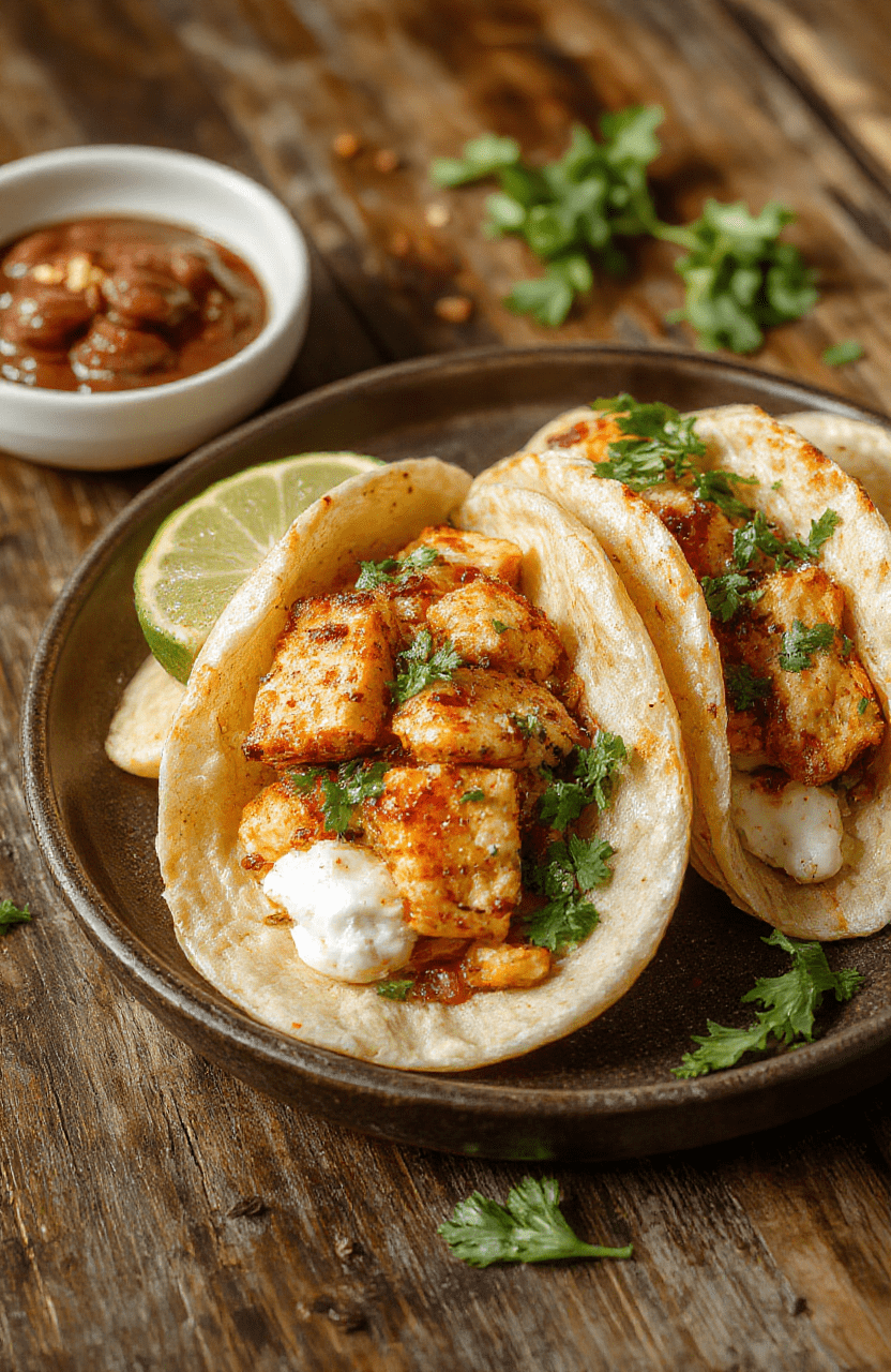 Colorful chicken tacos arranged on a white plate, topped with fresh lettuce, diced tomatoes, shredded cheese, and cilantro, with soft taco shells and vibrant ingredients, styled casually on a rustic wooden surface with natural daylight.