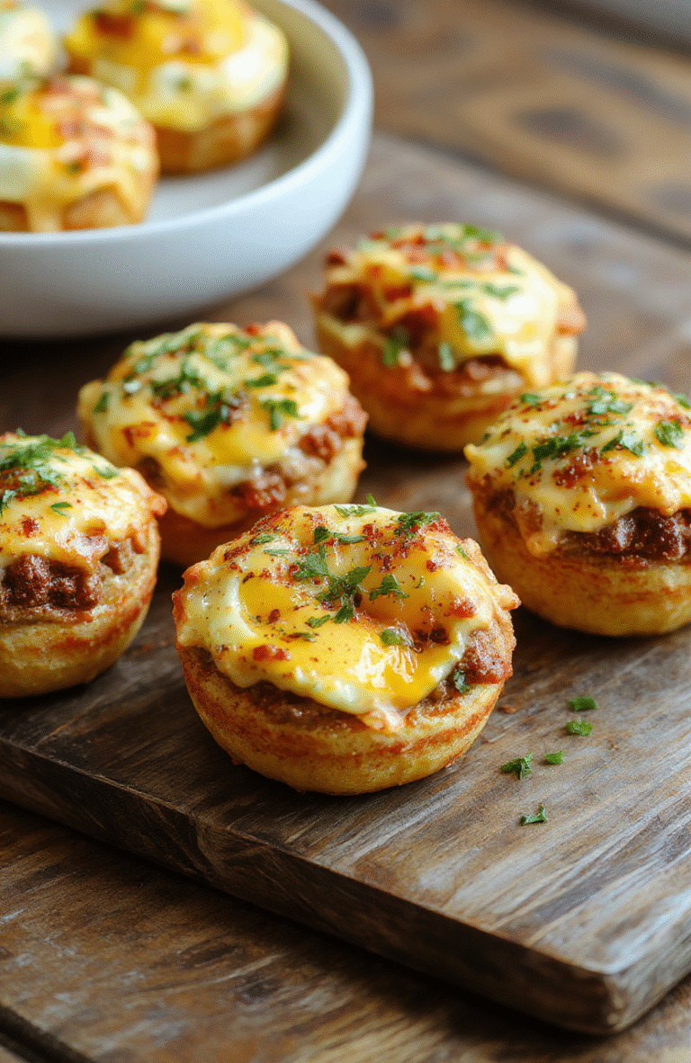 Colorful beef, cheese, and egg cups arranged in a baking dish, topped with melted cheese and fresh herbs, with a golden-brown crust and crispy edges, styled simply on a rustic wooden surface, inviting and vibrant.