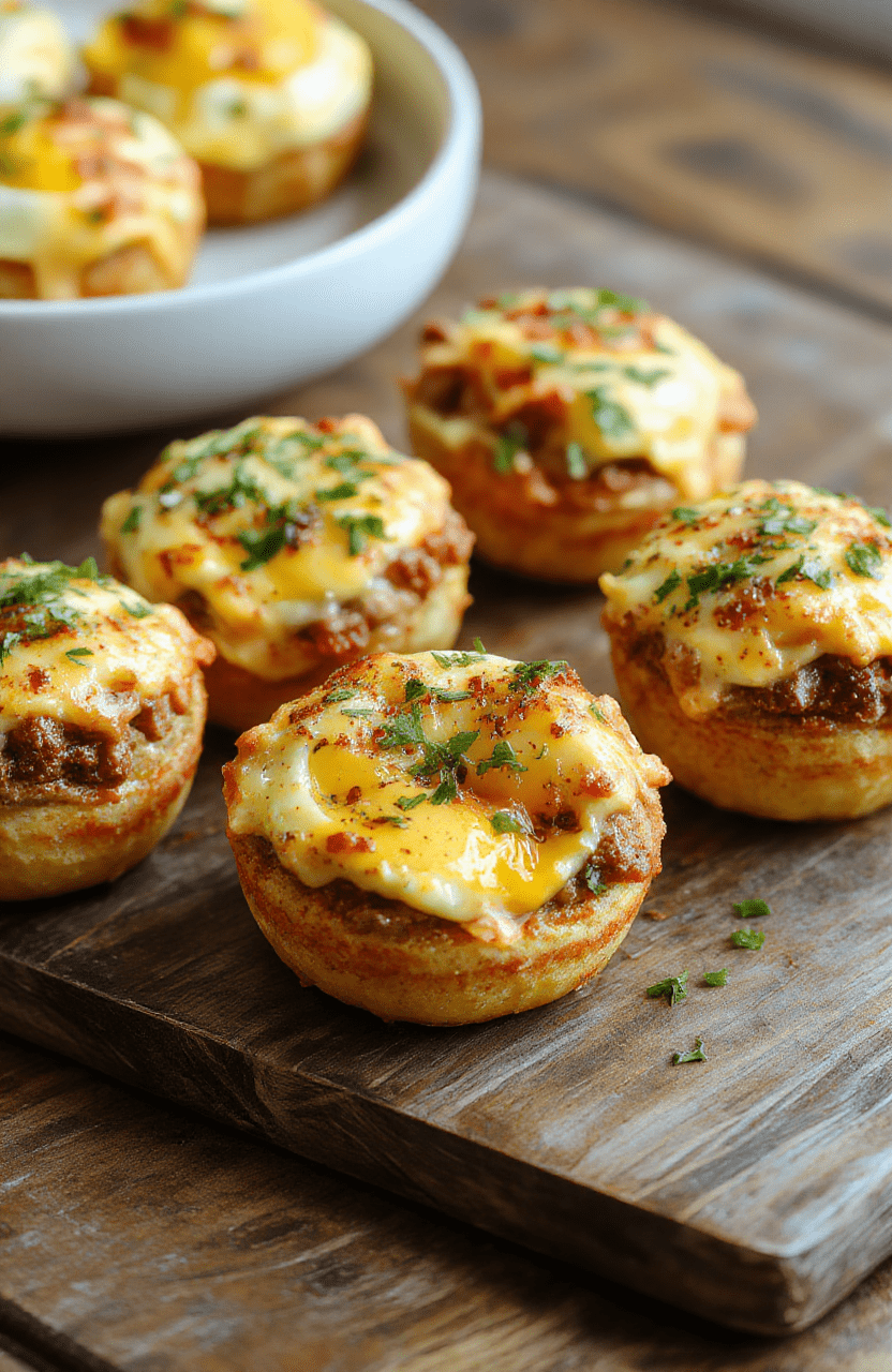 Colorful beef, cheese, and egg cups arranged in a baking dish, topped with melted cheese and fresh herbs, with a golden-brown crust and crispy edges, styled simply on a rustic wooden surface, inviting and vibrant.