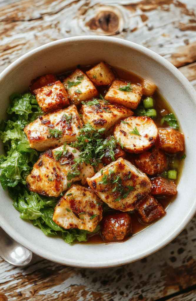A vibrant Mediterranean chicken bowl with grilled chicken, colorful cherry tomatoes, cucumber slices, olives, and feta cheese arranged neatly on a white ceramic plate. The bowl is garnished with fresh herbs and drizzled with olive oil, showcasing textures from crispy chicken to crisp vegetables, styled on a rustic wooden table with a fresh, summery vibe.