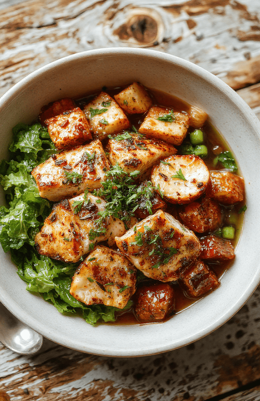 A vibrant Mediterranean chicken bowl with grilled chicken, colorful cherry tomatoes, cucumber slices, olives, and feta cheese arranged neatly on a white ceramic plate. The bowl is garnished with fresh herbs and drizzled with olive oil, showcasing textures from crispy chicken to crisp vegetables, styled on a rustic wooden table with a fresh, summery vibe.