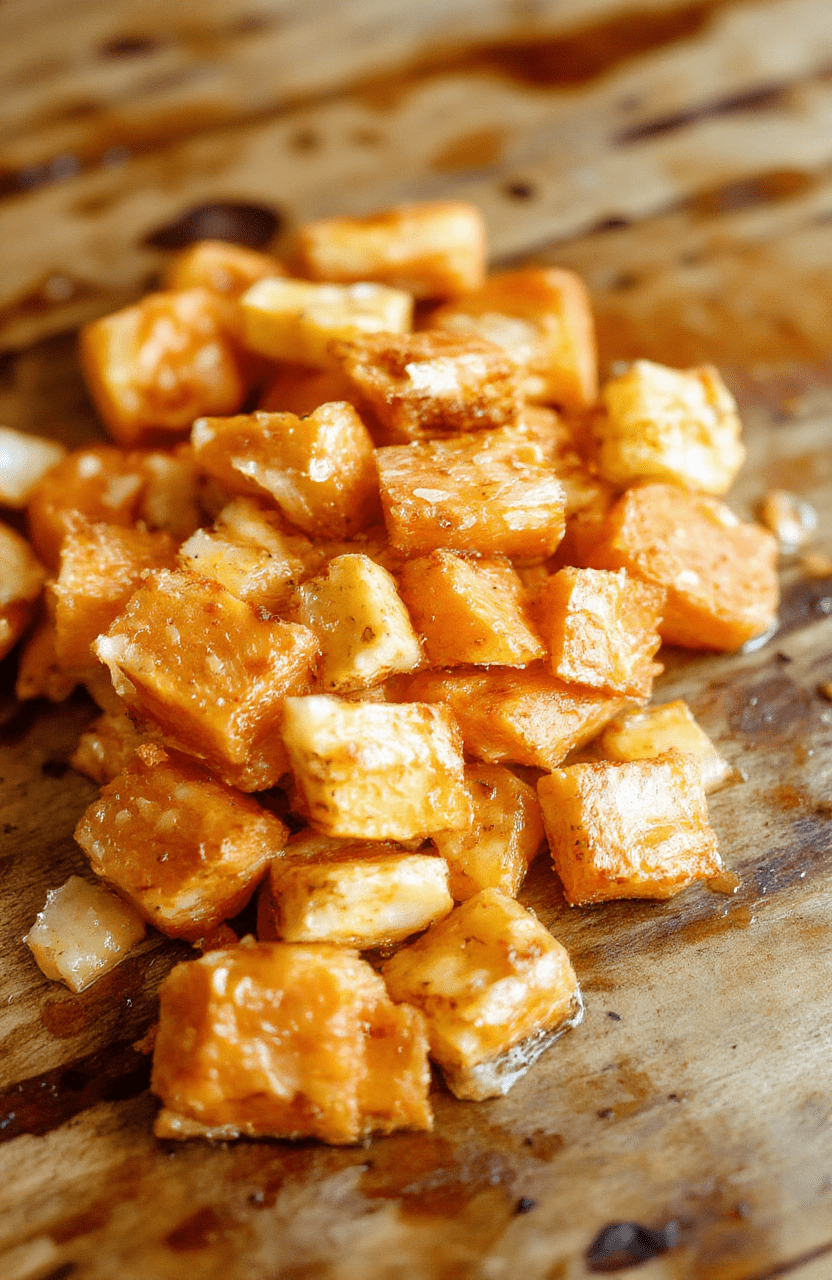 Vibrant orange smashed carrots plated neatly on a rustic wooden surface with a sprinkle of fresh herbs, showcasing their soft, mashed texture, glistening with a hint of olive oil, styled simply for a cozy, inviting look.