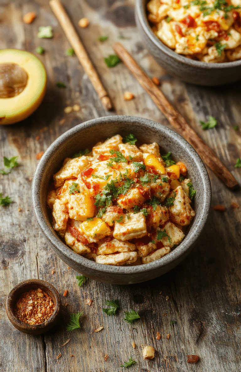 Colorful Southwest chicken burrito bowls arranged on a rustic wooden table. The bowls are filled with grilled chicken, black beans, corn, fresh diced tomatoes, shredded cheese, and chopped cilantro, all topped with a dollop of sour cream and a lime wedge. Vibrant ingredients create a balanced, appetizing presentation with textures of creamy, crispy, and tender components.