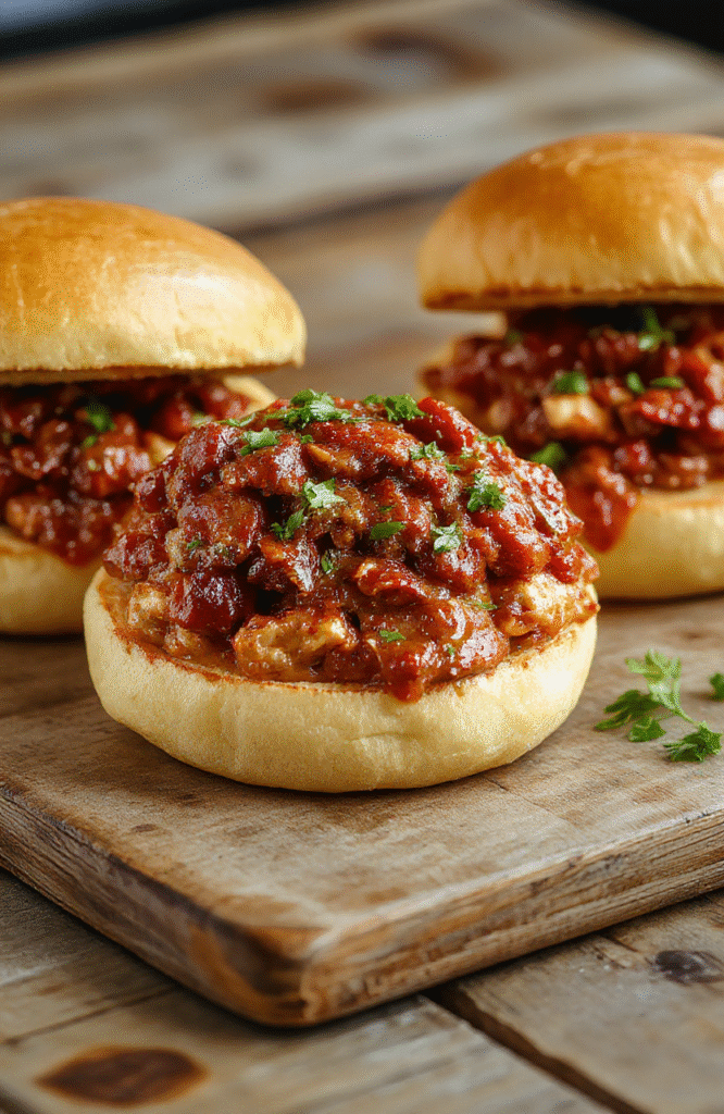 A vibrant plate of Healthy Turkey Sloppy Joes featuring golden-brown toasted buns topped with seasoned turkey mixture, colorful vegetables, and fresh herbs, styled with a rustic wooden background, with a side of green salad for contrast.