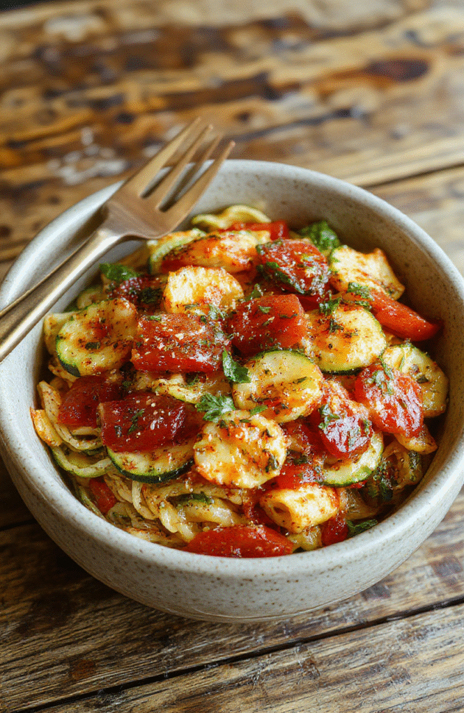 A vibrant plate of vegetarian tomato zucchini pasta featuring spiralized zucchini noodles topped with fresh cherry tomatoes, basil leaves, and grated parmesan cheese, all drizzled with olive oil. The dish is beautifully arranged on a rustic wooden table with a sprinkle of herbs, showcasing bright reds, greens, and golden accents.